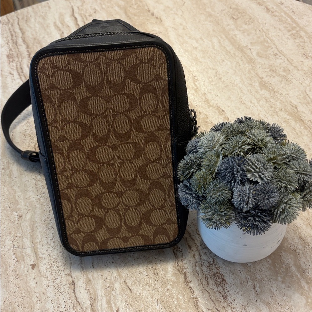 Coach Sullivan Crossbody in Tan Signature Canvas and Black Pebbled Leather